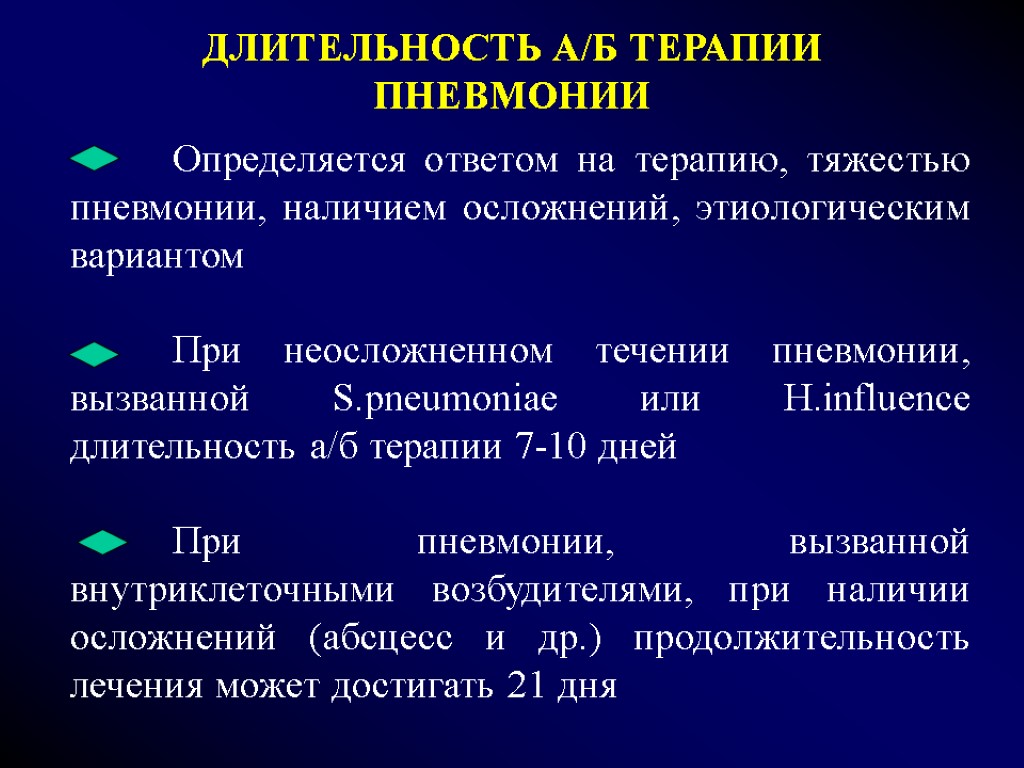 ДЛИТЕЛЬНОСТЬ А/Б ТЕРАПИИ ПНЕВМОНИИ Определяется ответом на терапию, тяжестью пневмонии, наличием осложнений, этиологическим вариантом